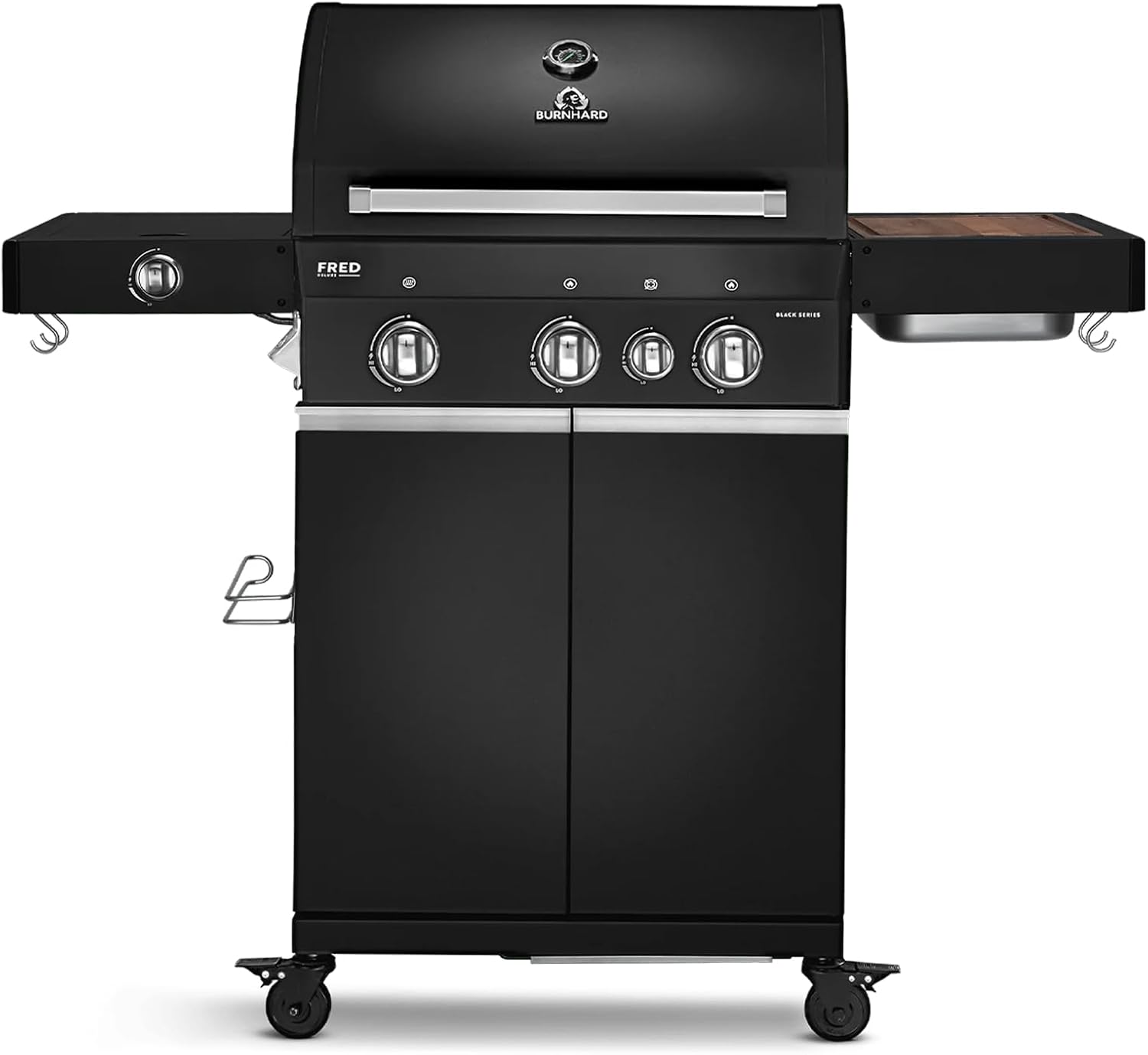 BURNHARD® Gasgrill 3-Brenner inkl. BACKBURNER, 900°C Infrarot-Keramikbrenner, Seitenkochfeld, Gusseisen-Grillrost, Grillabdeckung, Grillwagen, klappbare Seitentische, Schwarz – FRED Deluxe