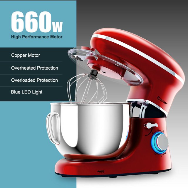 Batedeira de pedestal Costway de 6 velocidades, 660 W, com gancho para massa e batedor de arame, 6,3 qt (6,3 litros), branca.