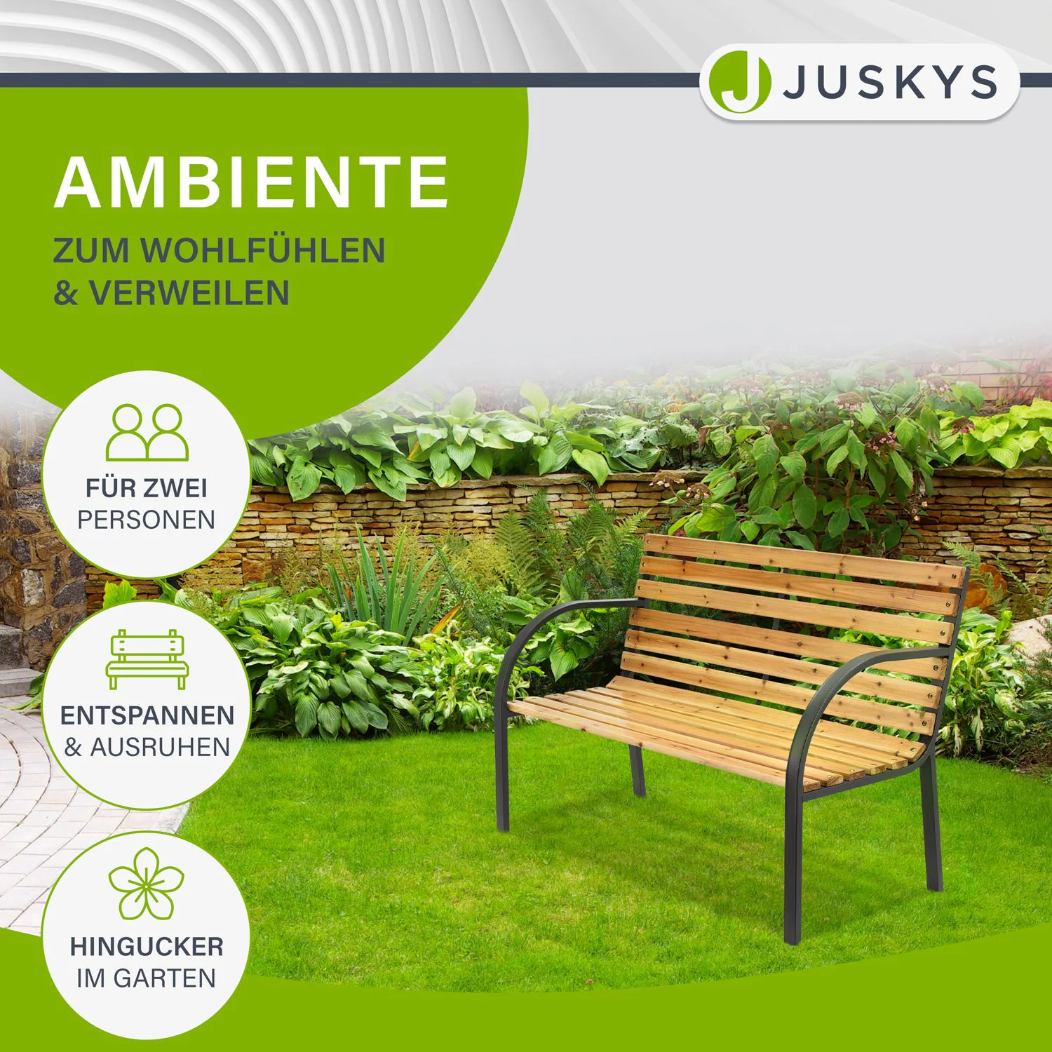 Juskys Gartenbank Modena – 2-Sitzer Sitzbank mit Armlehnen & Rückenlehne – 120x62x82 cm