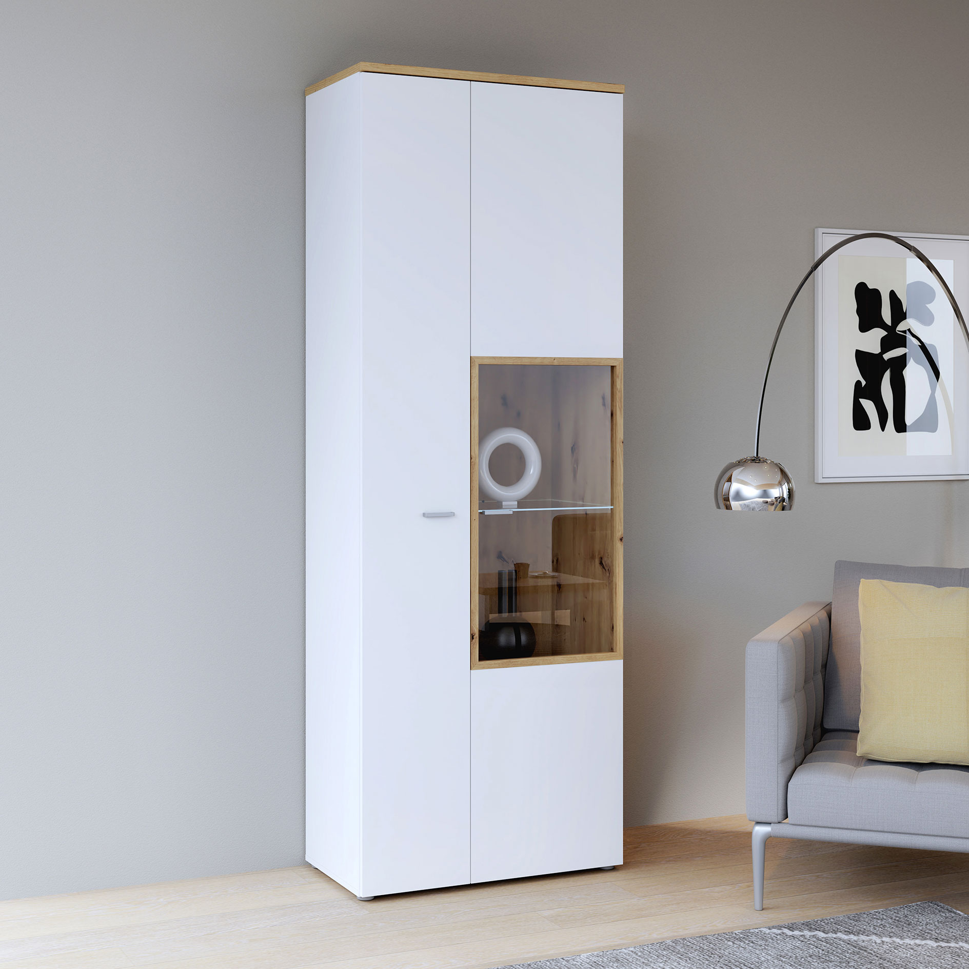 Standvitrine - weiß - Artisan Eiche - 75 cm breit