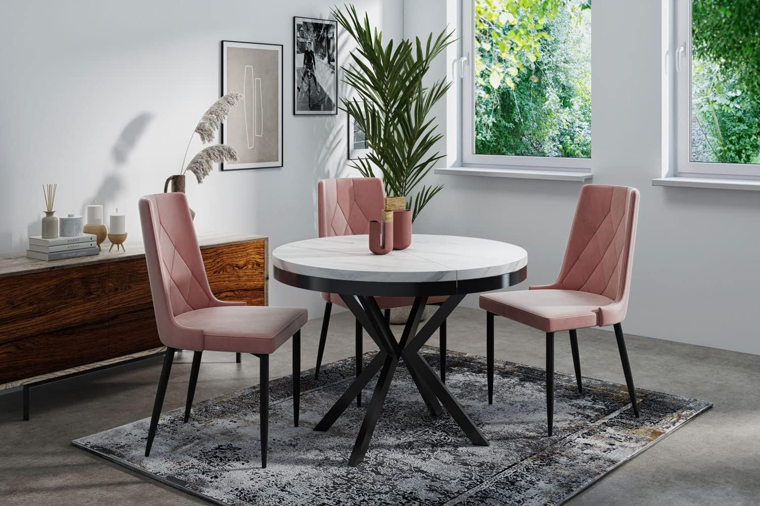 WFL GROUP Runder Ausziehbarer Esstisch in Weißer Marmoroptik - Loft Style Tisch mit Metallbeinen - 100 bis 180 cm - Industrieller Tisch für Wohnzimmer - Kompakt - 100 cm - Marmor Weiß