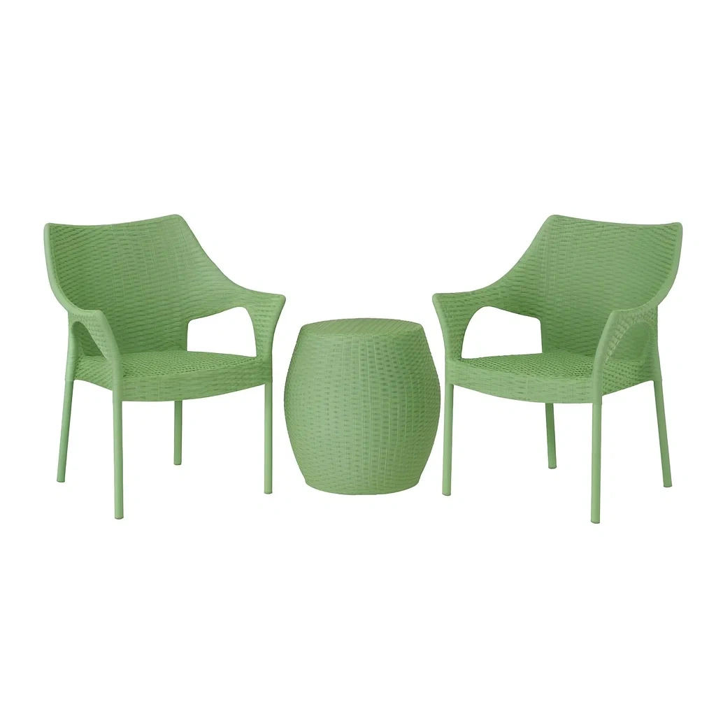 Ensemble de mobilier d'extérieur en plastique vert avec deux chaises et une table