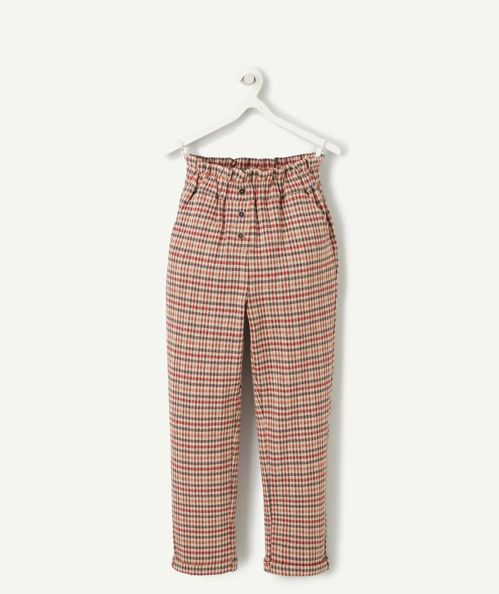 PANTALON À CARREAUX FILLE EN FIBRES RECYCLÉES COUPE DROITE