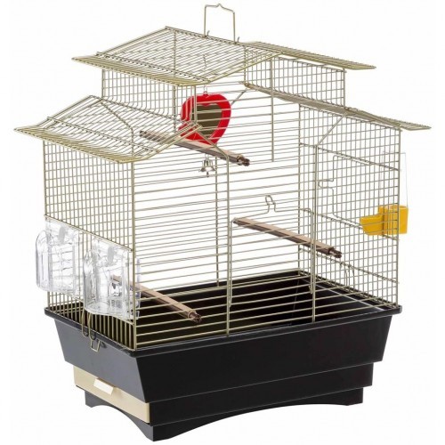 Gaiola para pássaros com 3 poleiros, latão antigo/preto
