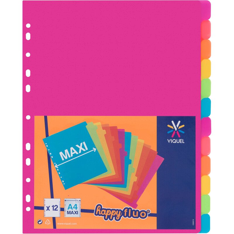 Intercalaire A4+ maxi en polypropylène Viquel Happy Fluo 12 onglets - 1 jeu