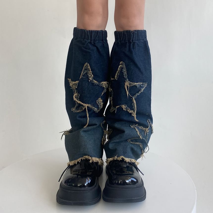 Allinya - Fray denim beenwarmers met gewassen appliqué