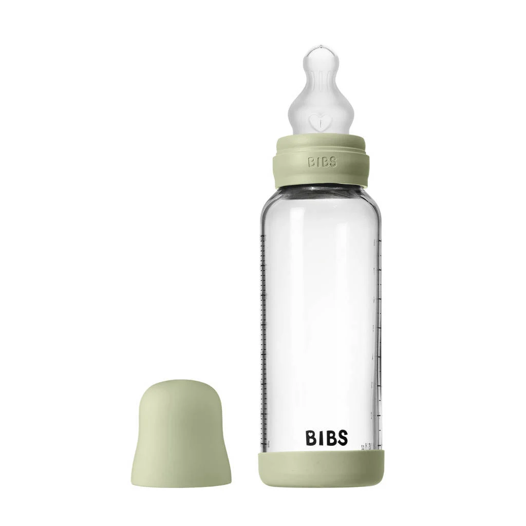BIBS Glazen Babyfles - 240 ml - Sage -met silicone speen en opvouwbare trechtertje