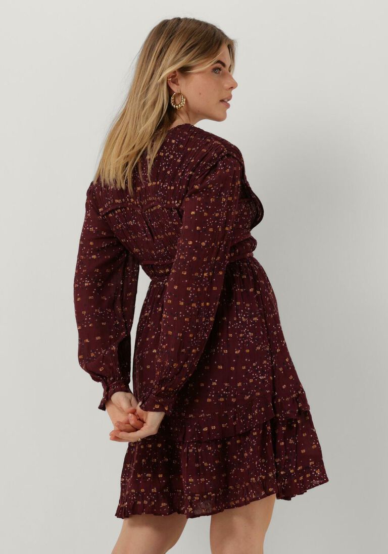 SCOTCH & SODA rode scotch & soda mini jurk long sleeved lurex jacquard ruffle dress with v-neck