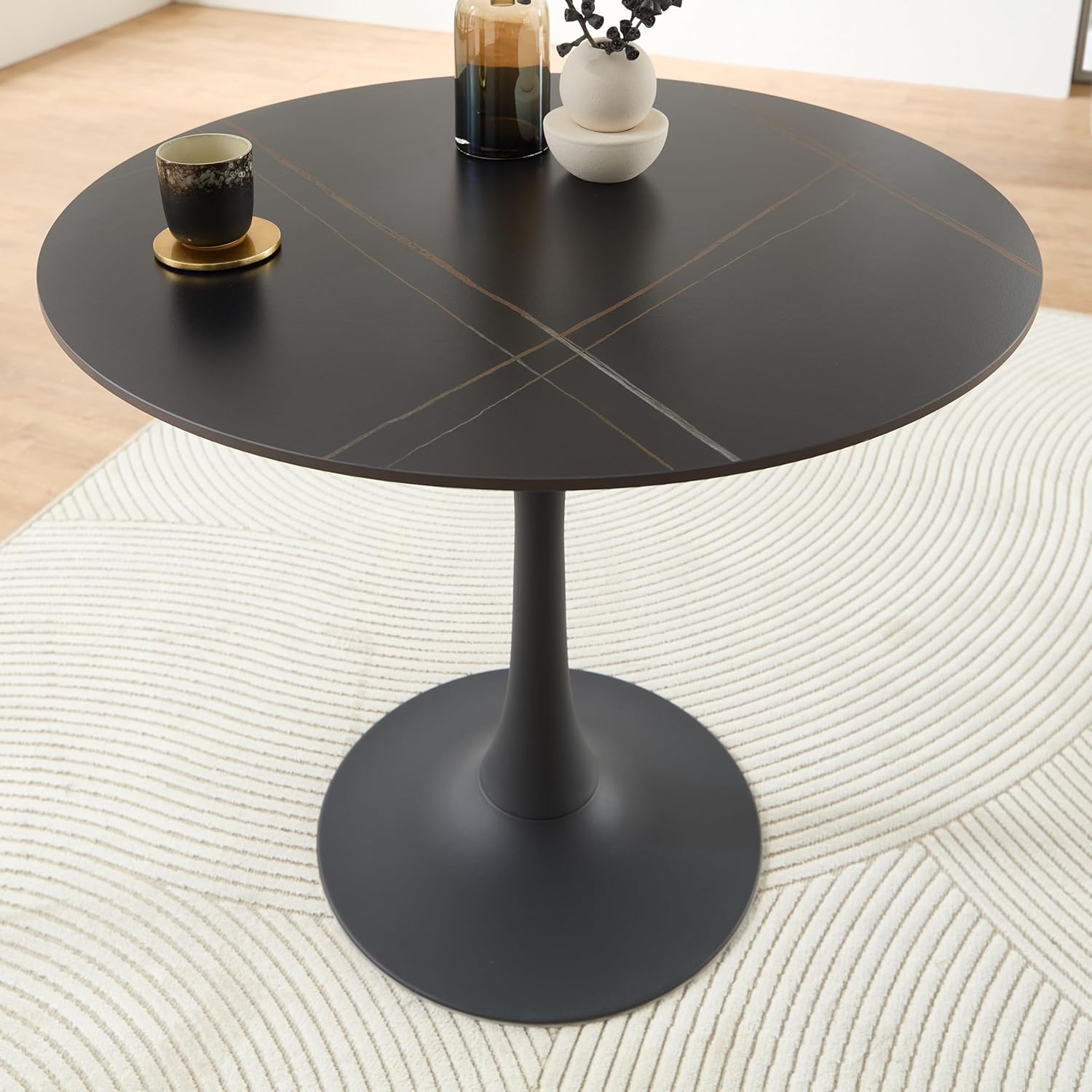 JOSH Esstisch rund in Marmor Optik, Schwarz - Außergewöhnlicher Esszimmertisch mit Metallgestell für Küche und Esszimmer - 90 x 75 x 90 cm (B/H/T)