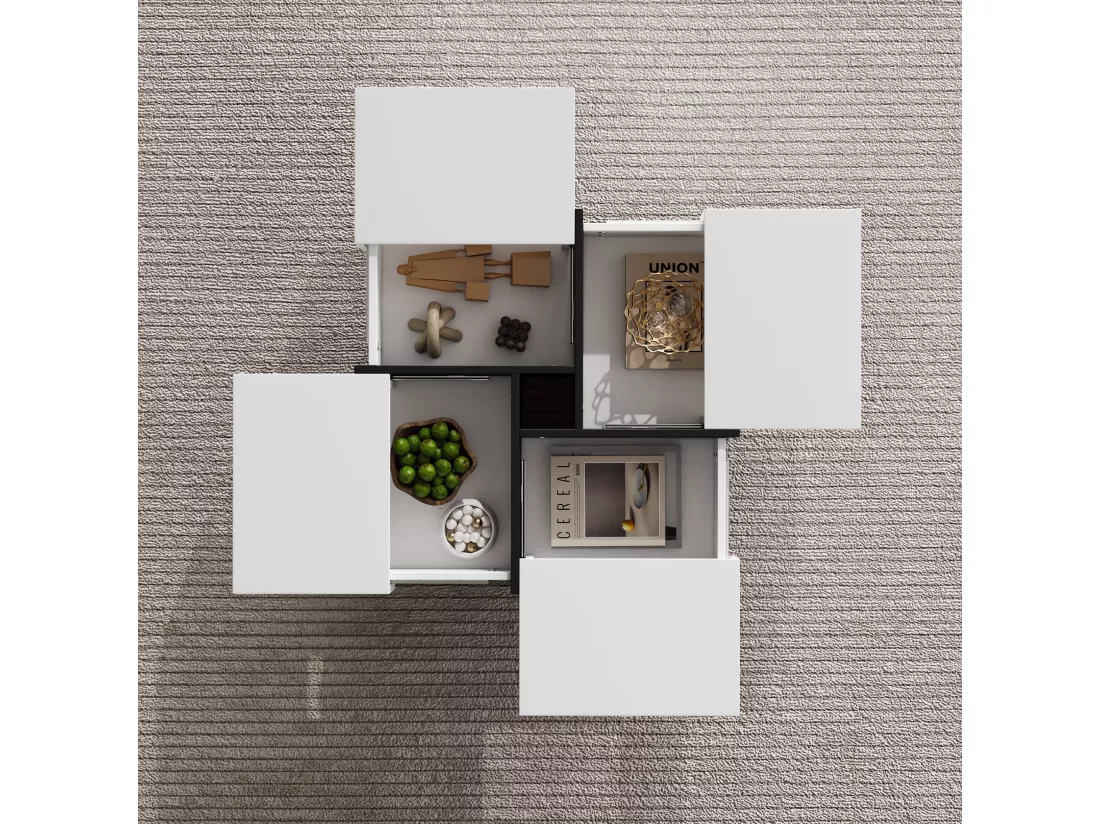 Table basse coulissante avec 4 compartiments cachés - 70 x 70 x 35 cm - panneaux de particules - blanc