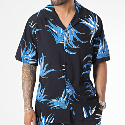 Ensemble Chemise Manches Courtes Et Short Jogging Floral Noir Bleu