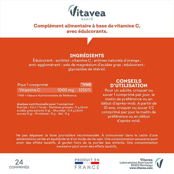 Vitavea Vitamina C 1000mg Energia Diária 24 Comprimidos Mastigáveis