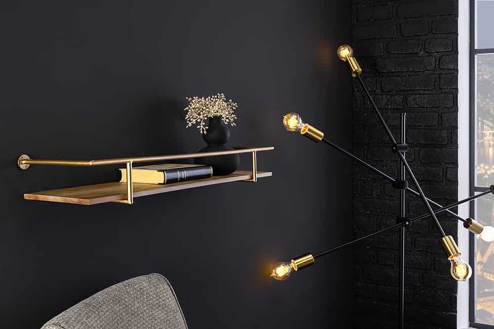 Massives Wandregal HERITAGE 75cm natur Pinienholz gold Metall
