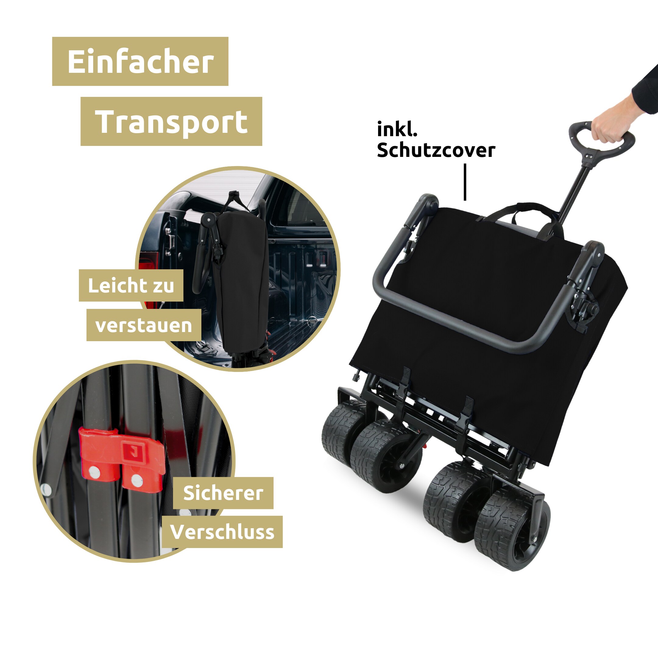 deluxe4home® Bollerwagen faltbar mit Breiten Reifen und Dach | Schwarz/Grau