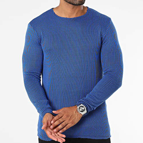 Tee Shirt Manches Longues A Bandes Bleu Roi Noir