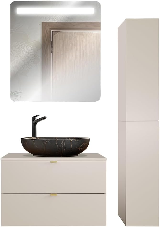 Lomadox Badezimmer Badmöbel Set 3-teilig mit 80 cm Waschtisch in Kaschmir matt, DURANGO-56, inkl. Keramikwaschbecken & LED-Spiegel