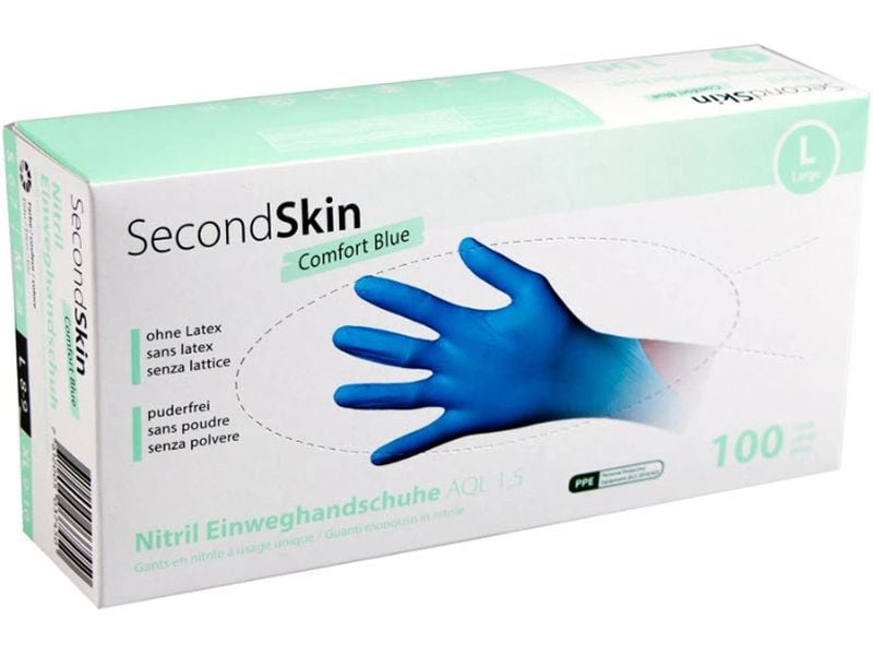 SecondSkin Einweghandschuh Nitril Comfort L, Blau, 100 Stüc Extra leichte Handschuhe, Grösse L aus Nitril