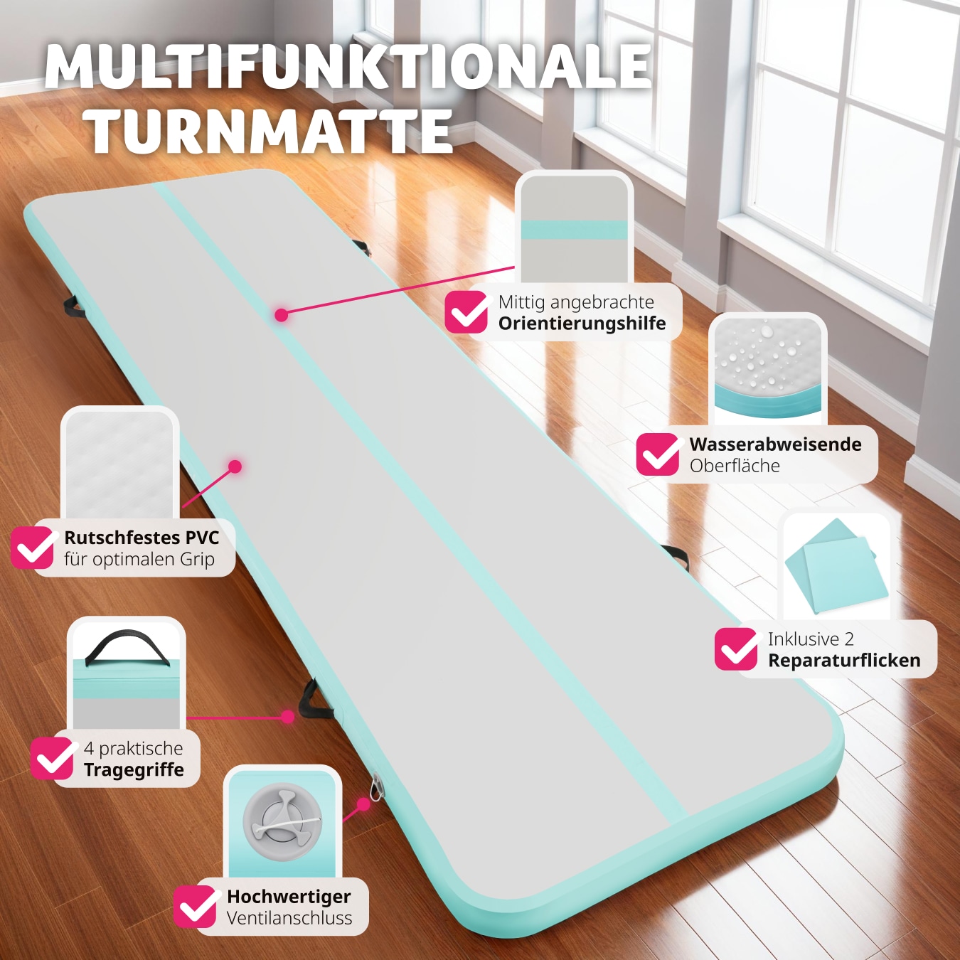 tectake® Airtrack Trainingsmatte, aufblasbar, rutschfestes, hochwertiges PVC, inkl. Transporttasche, 397 x 104 x 10 cm