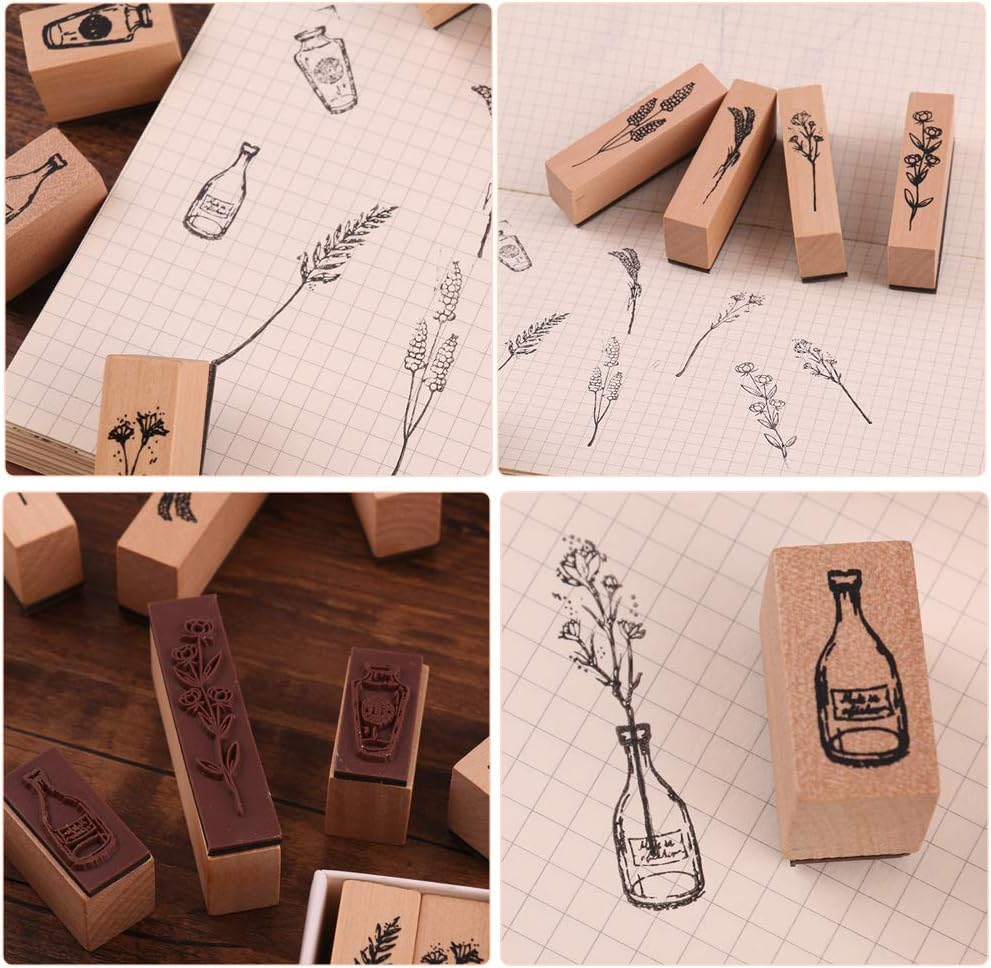 (8er Set) Holz Stempel DIY Glückwunschkarten / Einladungskarten / Brief Dekoration Vintage Blumen Stempel