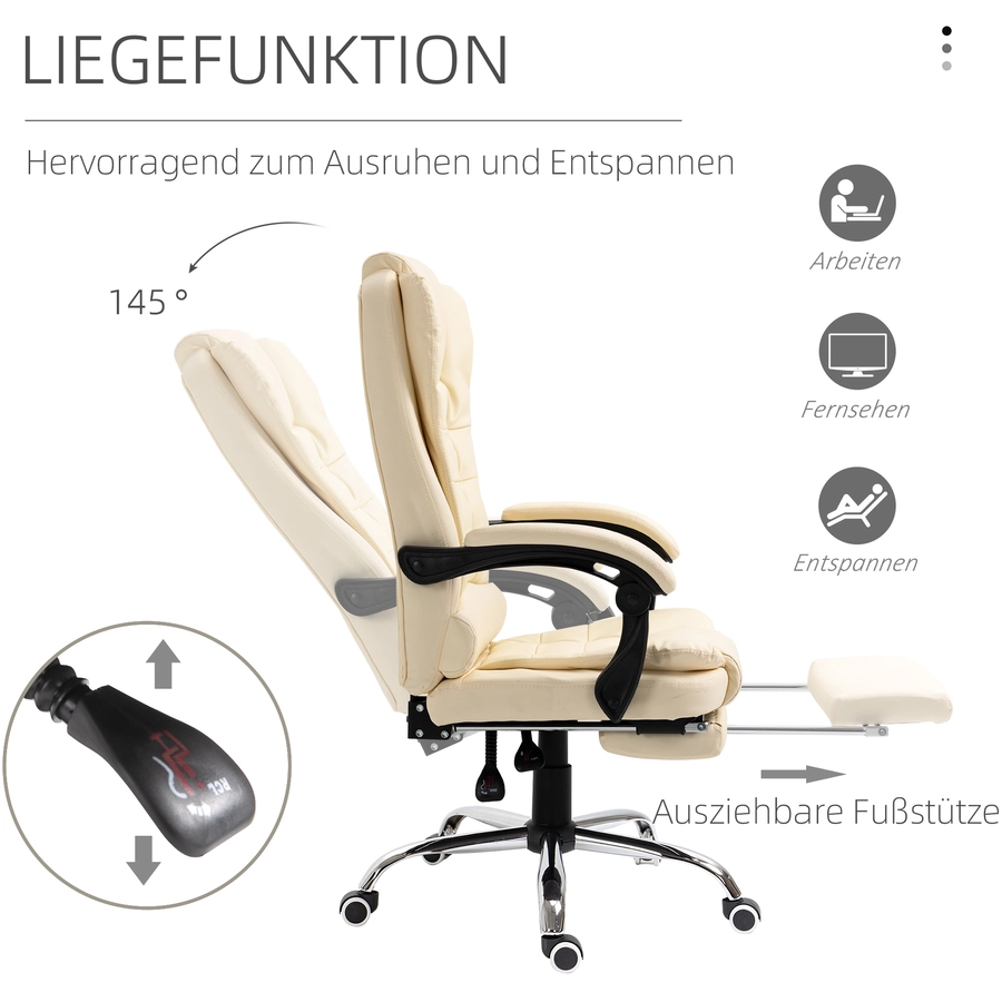 HOMCOM Bürostuhl mit Fußstütze und gepolsterter Armlehnen weiß