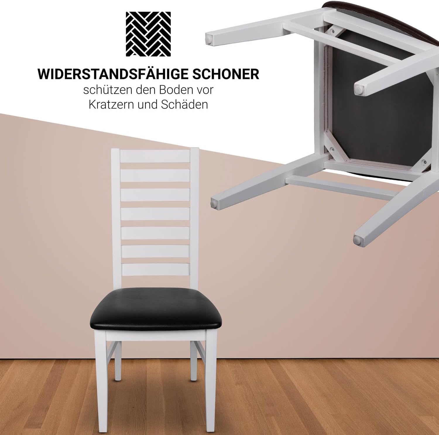 CH02 Esszimmerstuhle 2er Set Holz Stuhl bis 150 kg - Fertig montiert - Küchenstuhl gepolstert - massiv Holz Buche (Weiß - Schwarz)