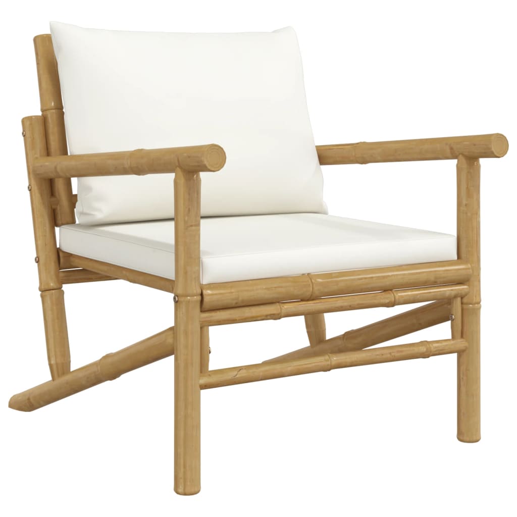 Salon de jardin meuble d'extérieur ensemble de mobilier 3 pièces avec coussins blanc crème bambou