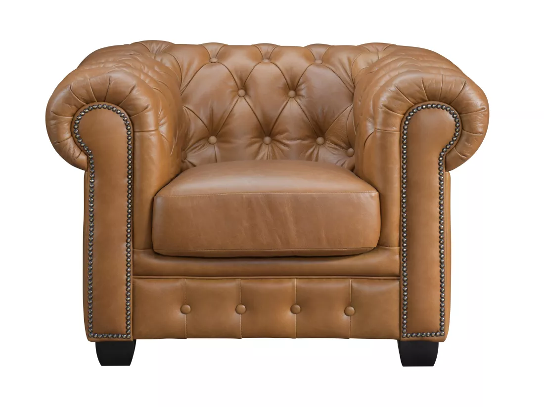 Fauteuil chesterfield BRENTON 100% cuir de buffle premium - Caramel vintage