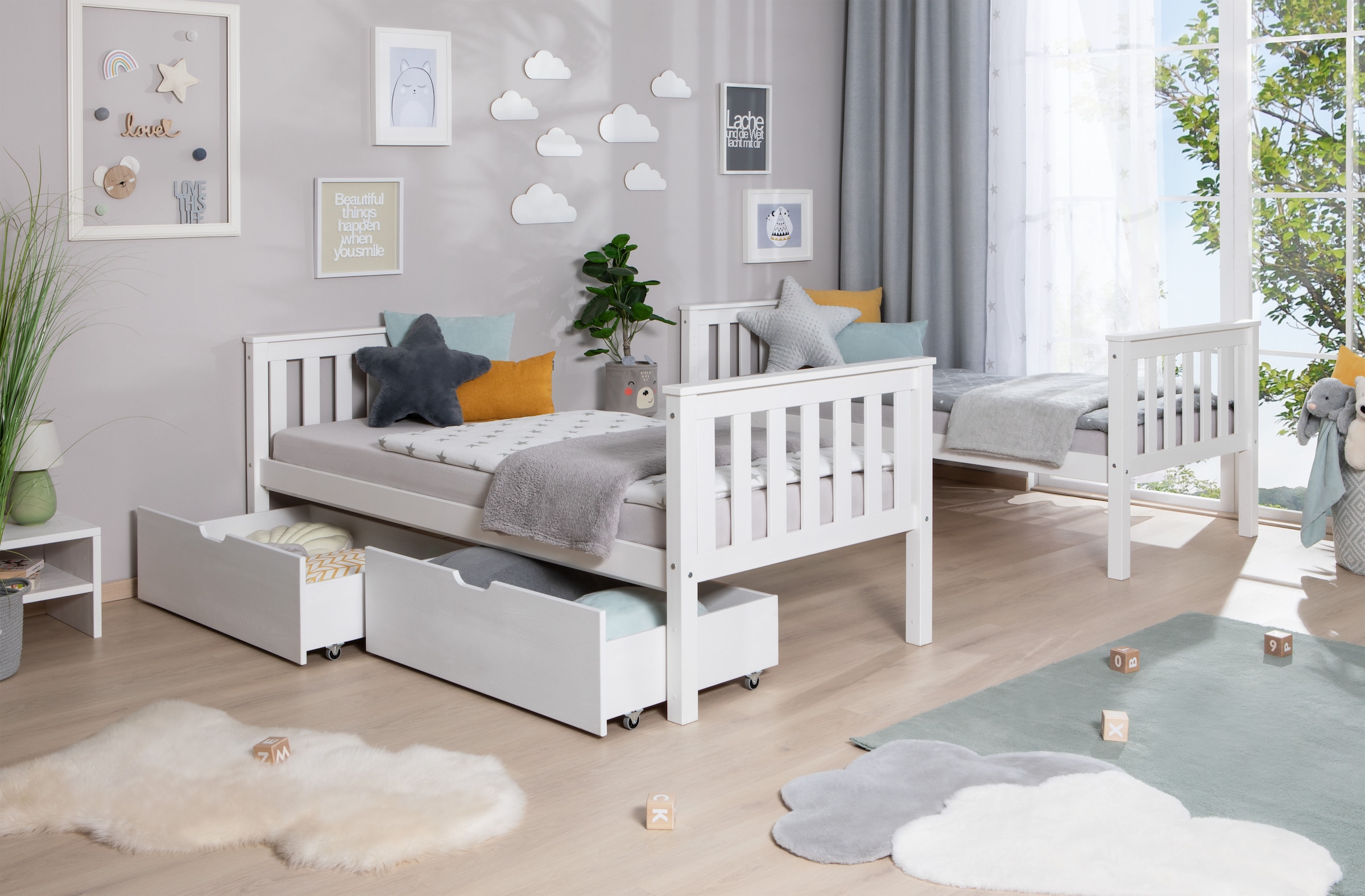 Ticaa Etagenbett »Sammy« mit Rollrost und Schubkästen »Melanie«, Kiefer