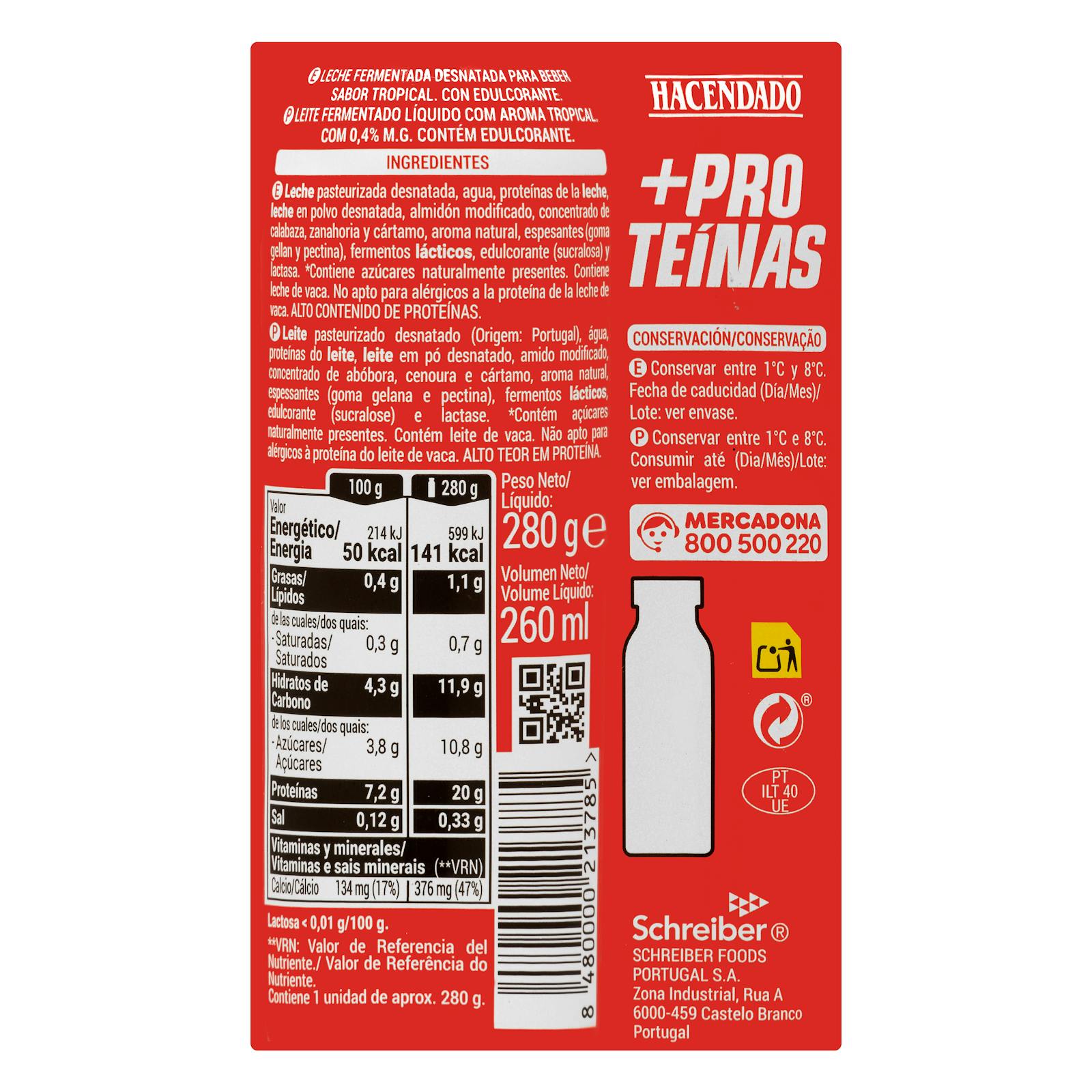 Boisson au lait écrémé au goût tropical + Protéines Hacendado 0% mg 20 g de protéines