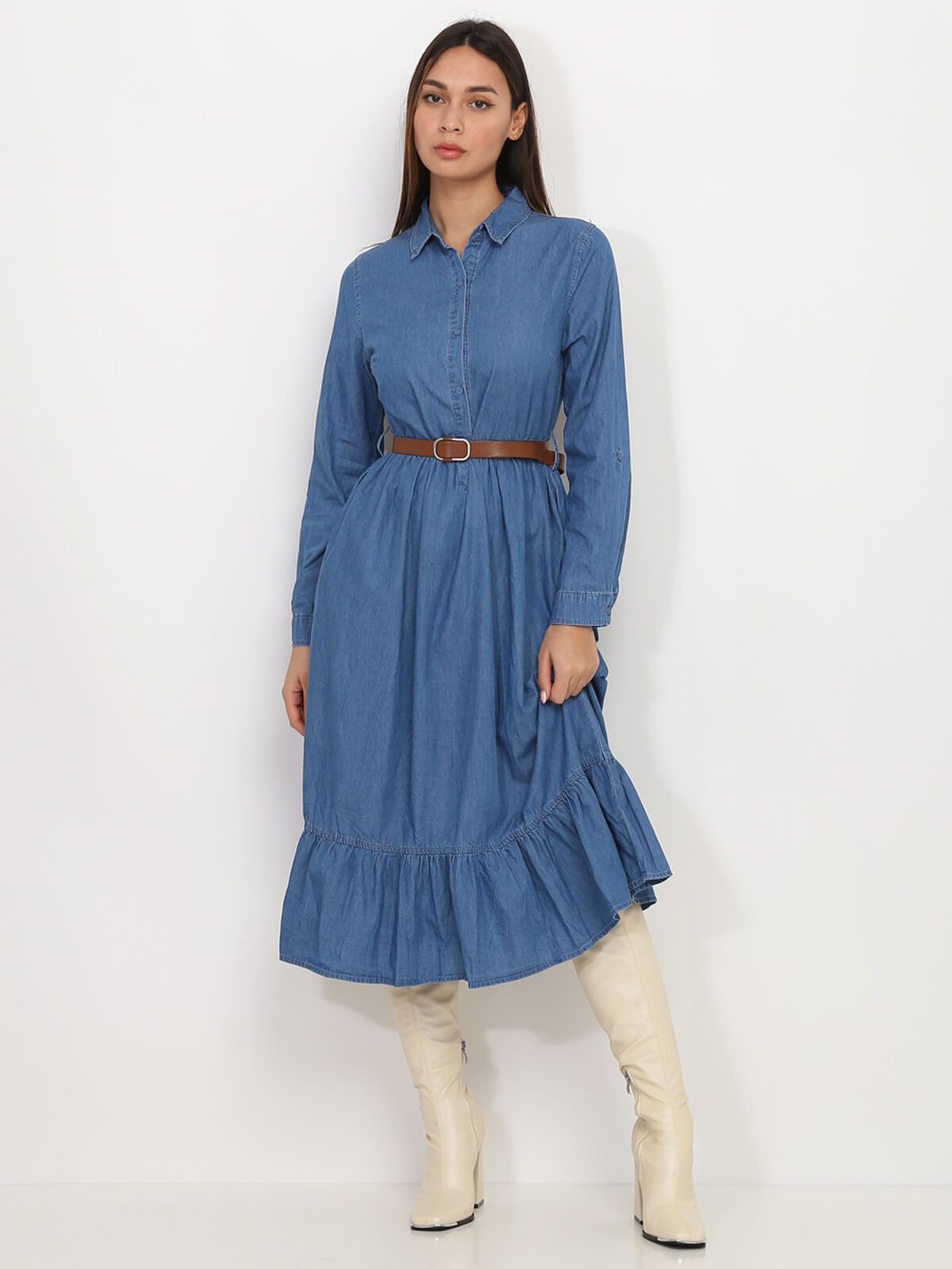 Robe mi-longue effet denim avec ceinture- Bleu