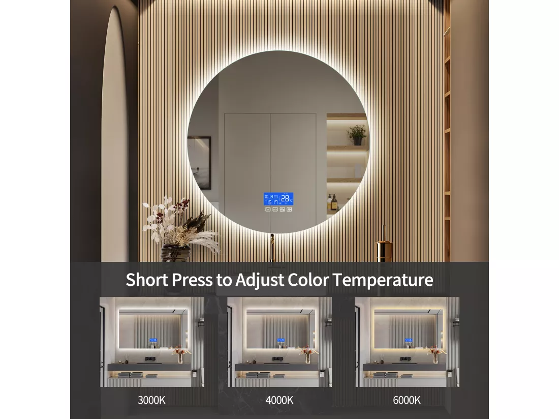 Miroir de salle de bain désembué sans cadre affichage de la température, 3 niveaux de luminosité, rond, diamètre 100cm