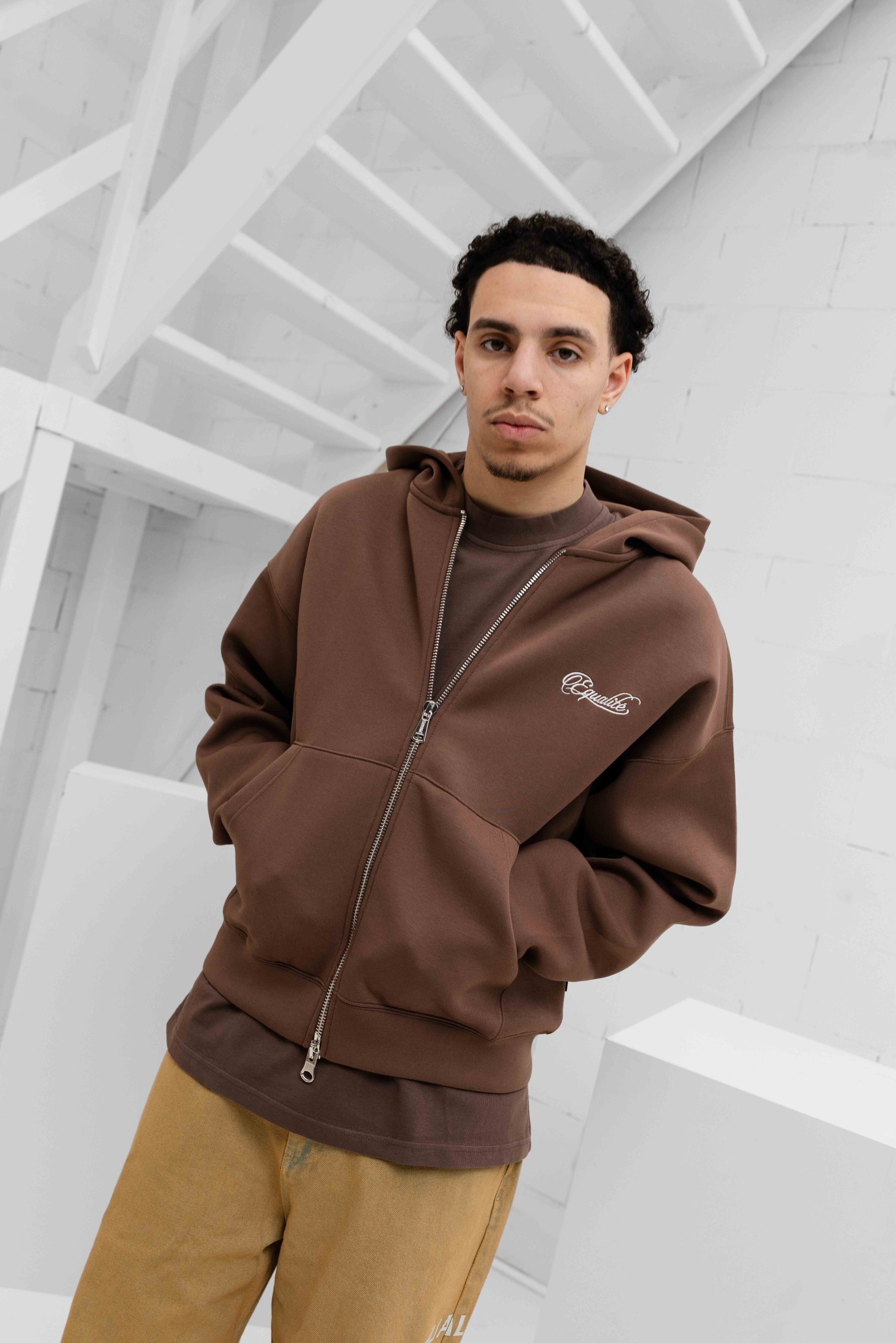 Equalité Yuki Oversized Scuba Full Zip Hoodie Heren Bruin