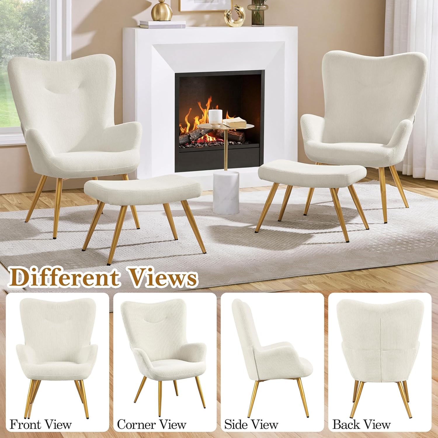 Yaheetech Ohrensessel mit Hocker aus Cordstoff Loungesessel mit Klappbarer Rückenlehne bis 136 kg belastbar Sessel fürs Wohnzimmer/Schlafzimmer Beige