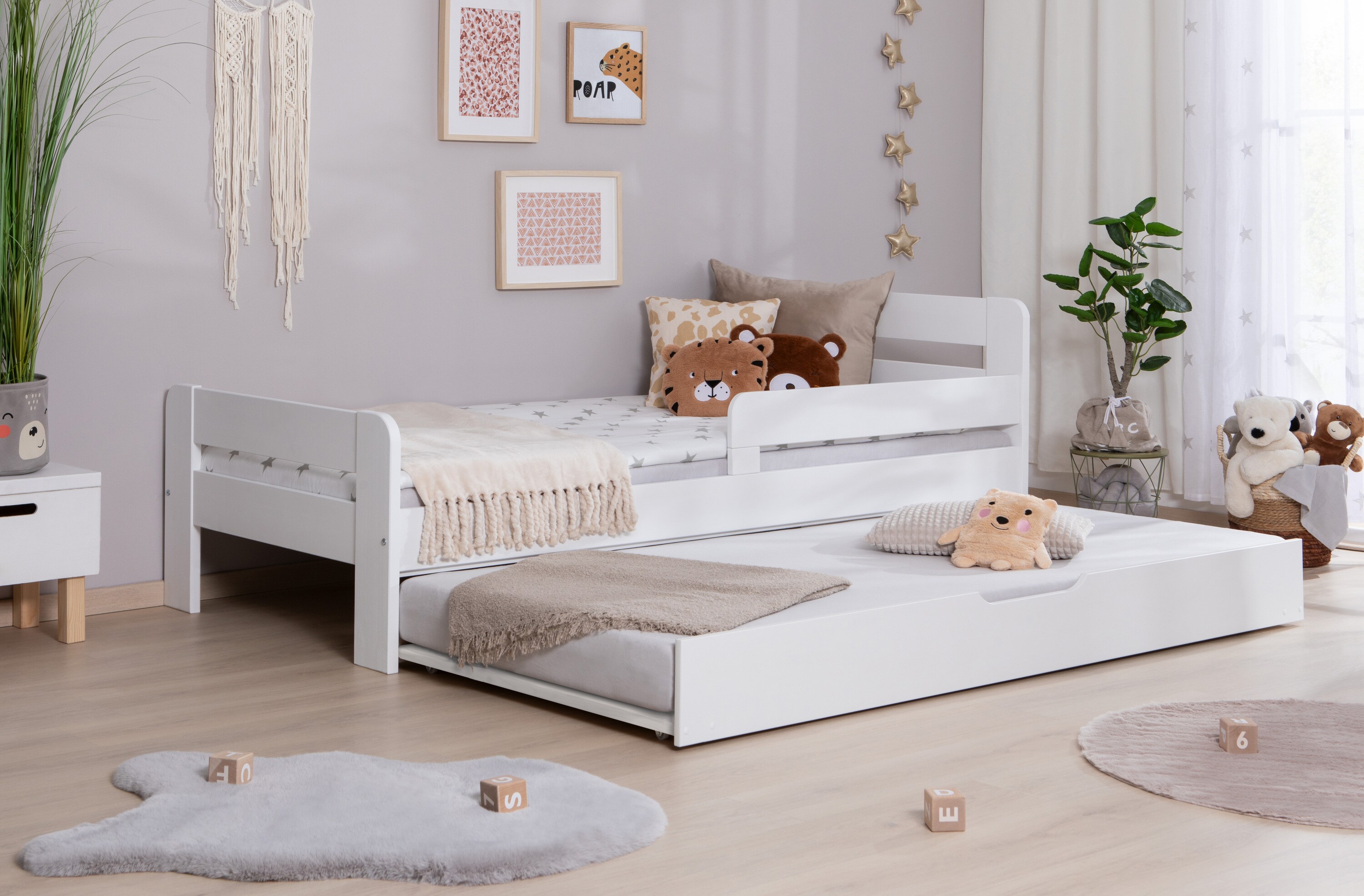 TiCAA Einzelbett Kinderbett Jugendbett, Bennet mit Zusatzbett Rausfallschutz & Lattenrost für Schlafzimmer, Kinderzimmer Kiefer Massivholz Bettgestell 90 x 200 cm