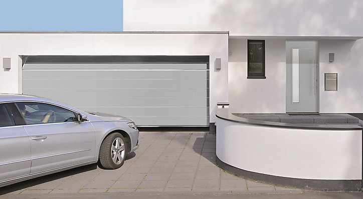 Porte de garage sectionnelle acier Hormann WoodGrain blanc aluminium RAL 9006 - l.250 x h.200 cm - motorisée