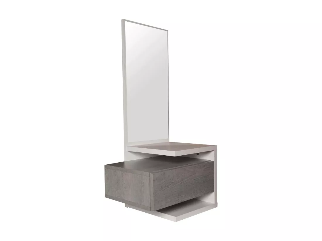 Meuble d'entrée avec miroir, entrée pour hall avec tiroir et étagère, Vide-poche pour petits appartements, 43x32h90 cm, Couleur Blanc et Béton
