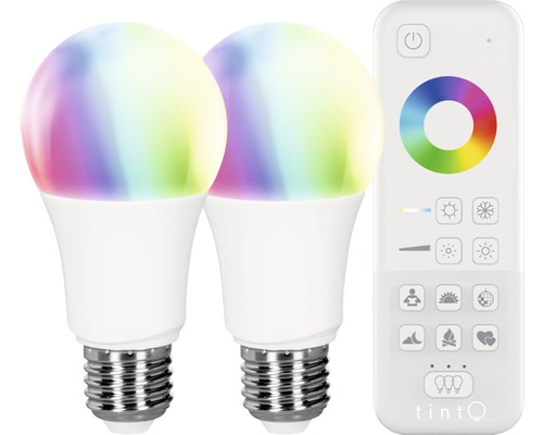 2x tint Starter Set Smart LED Lamp A60 E27/9.5W (60W) 806 lm 1800-6500 K warm wit-daglicht wit + RGB kleurverandering met afstandsbediening