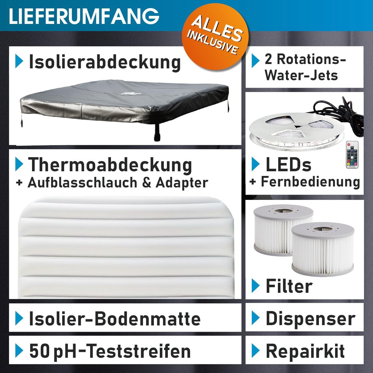 BRAST Whirlpool MSpa Oslo Sapphire mit Fester Außenwand | LED-Beleuchtung in 20 Farben für 6 Personen | 160x160x65cm | 120 Massagedüsen | Ganzjähriger Einsatz Winterfest | In & Outdoor Pool