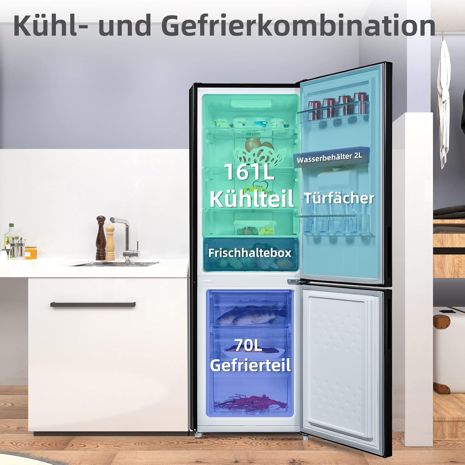 CHIQ Kühlschrank mit Wasserspender, Kühl-Gefrierkombination, No Frost, 231L(161/70L), 4-Sterne-Gefrierfach, Temperaturregelung, Frischhaltebox, LED-Licht, 170cm Höhe, FBM228NE4DE