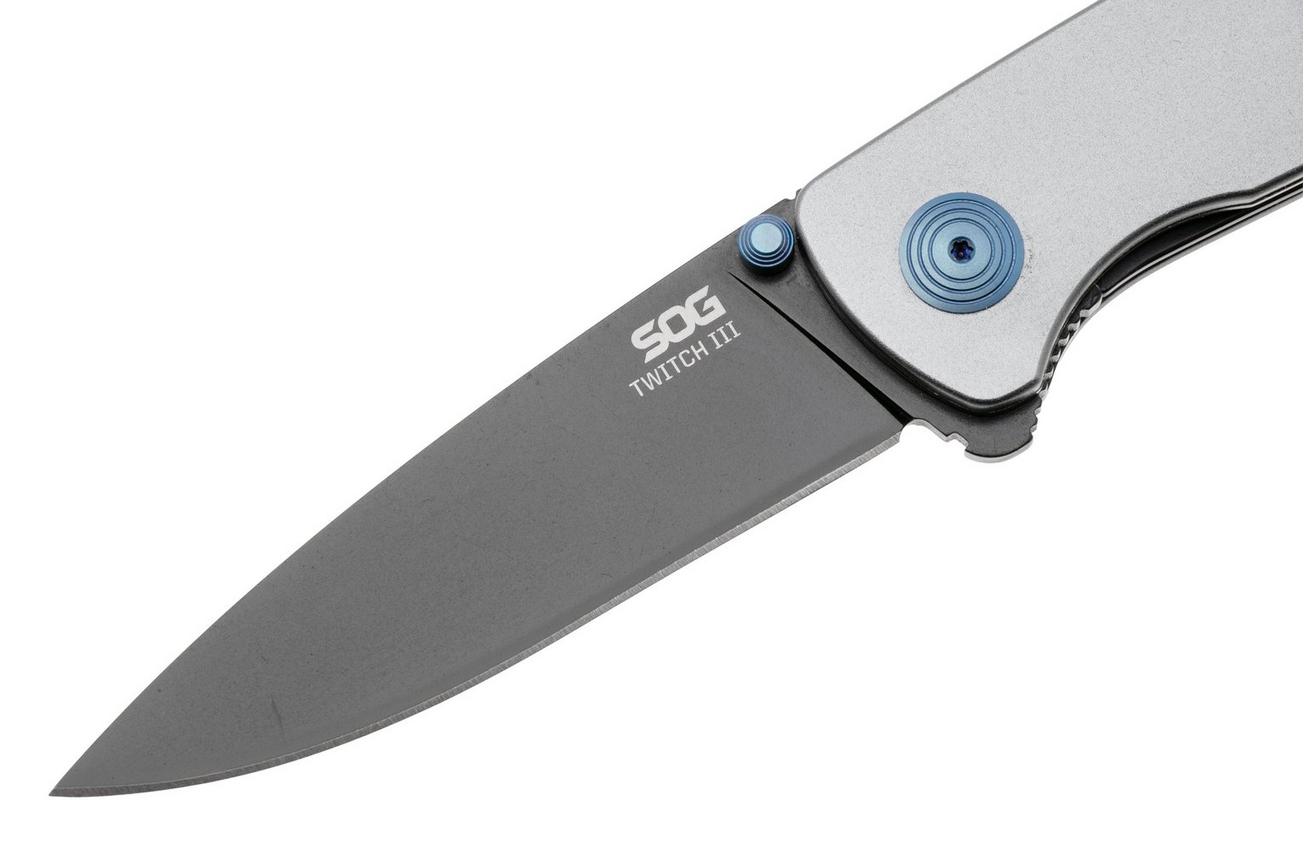 SOG Twitch III 11-15-03-43, Black 154CM, Gunmetal Gray Aluminum, Blue Hardware zakmes