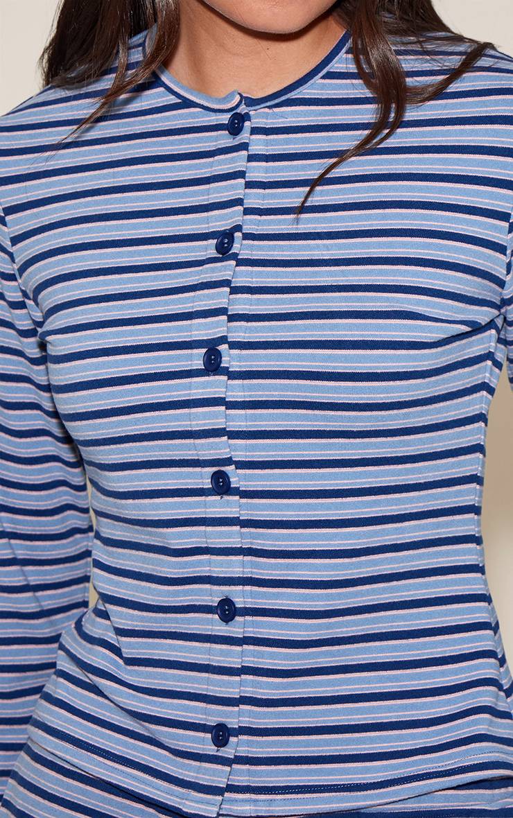Bleu Marine Haut Boutonné En Polaire Douce À Fines Rayures
