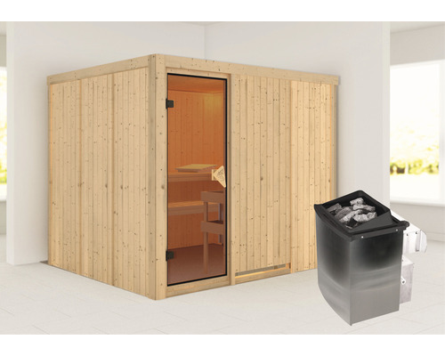 Karibu Gobina modulaire sauna inclusief 9 kW kachel en geïntegreerde bedieningseenheid, zonder dakrand, gebronsde volledig glazen deur
