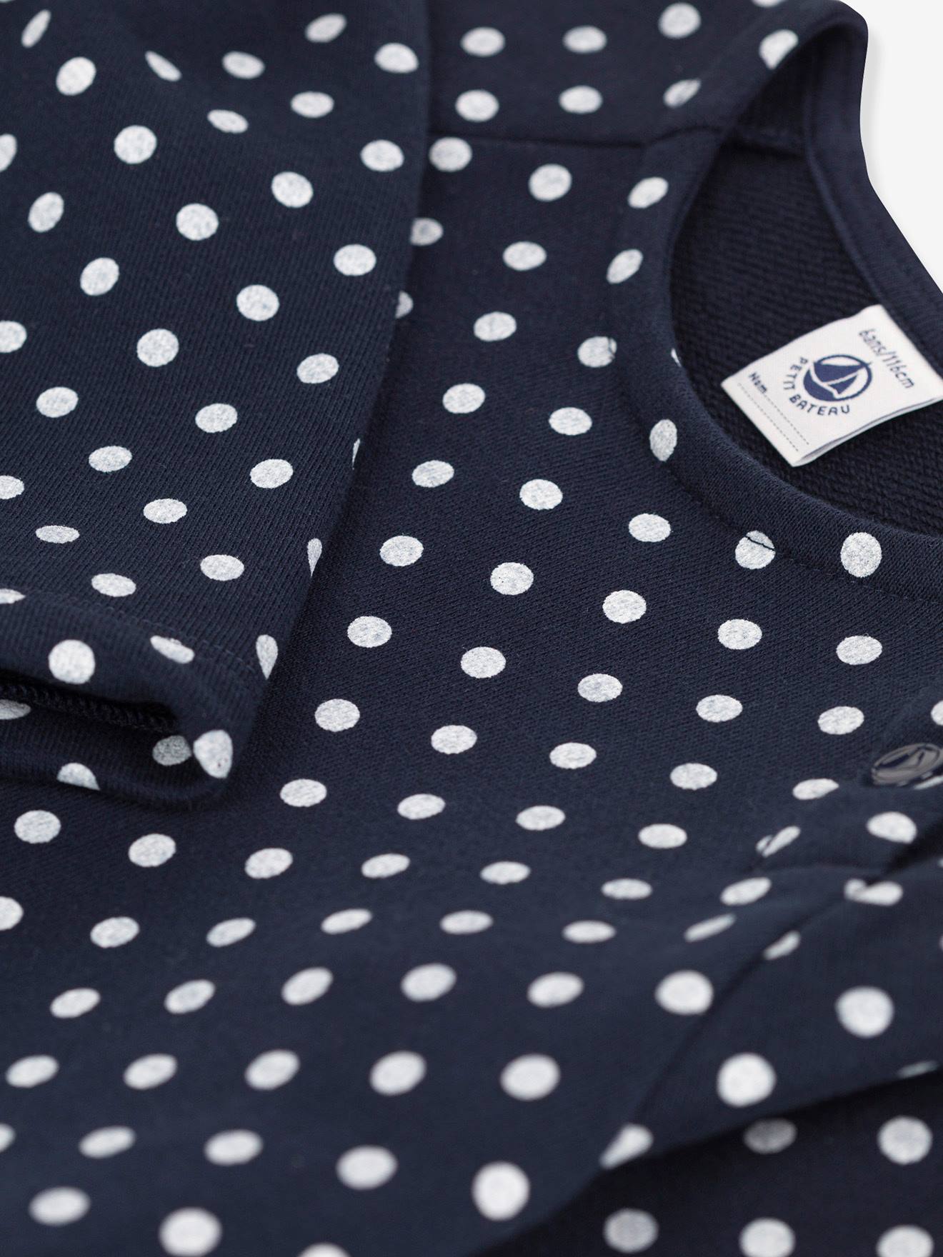 Vestido PETIT BATEAU azul marinho de pelúcia com mangas compridas e estampa de bolinhas.