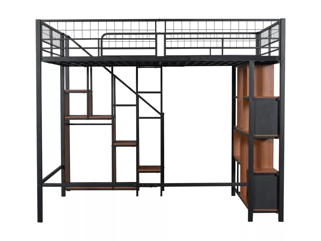 Lit mezzanine 140 x 200 cm avec armoire et étagères - Métal + Contreplaqué + MDF - Sommier à lattes - Noir