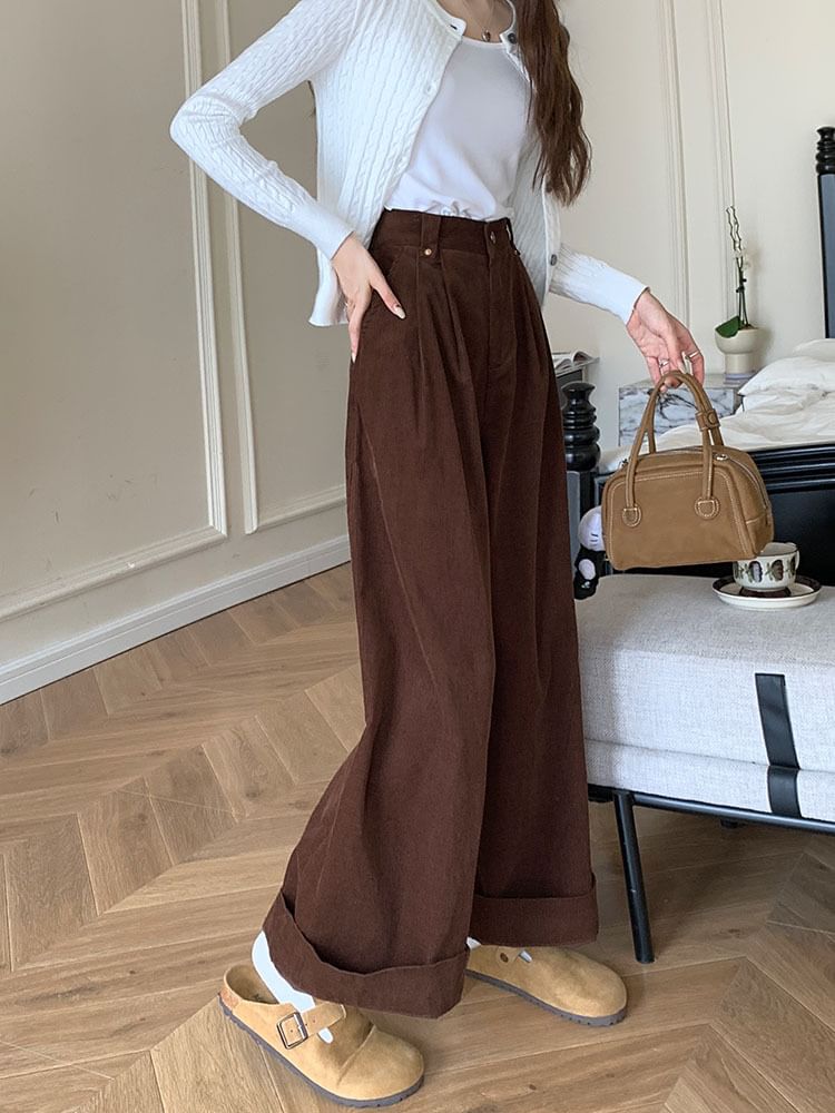 ANORA - Hoge taille effen corduroy broek met wijde pijpen