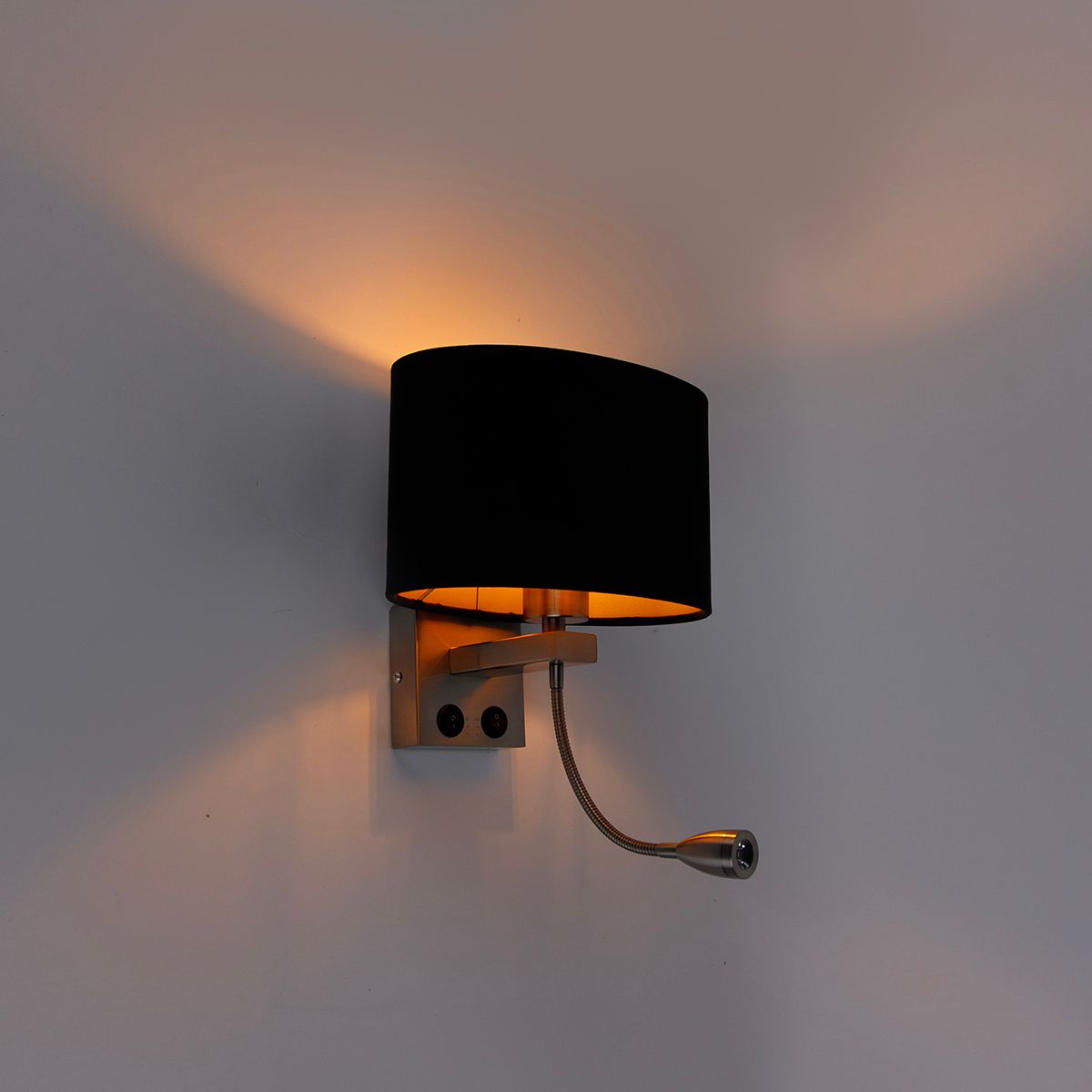 Wandlamp staal met ovale velours kap zwart 25cm - Brescia Combi