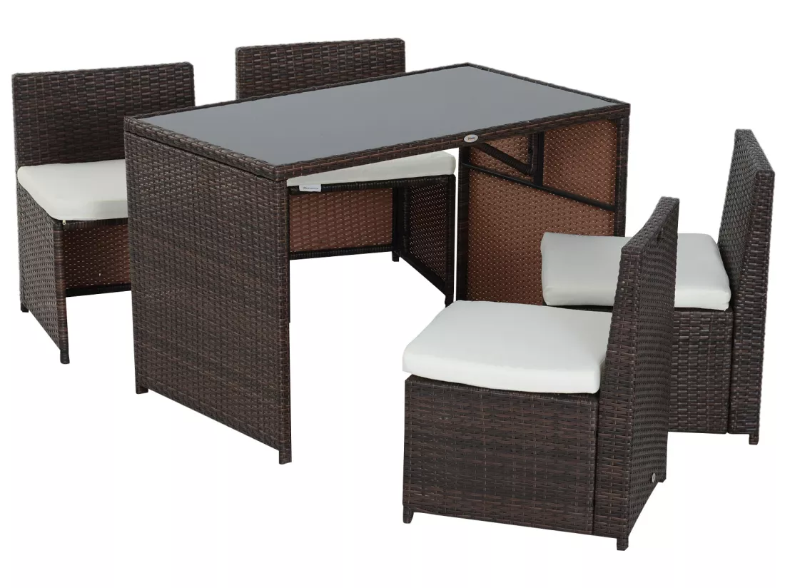Ensemble salon de jardin encastrable 4 chaises monoblocs avec coussins déhoussables et table résine tressée chocolat