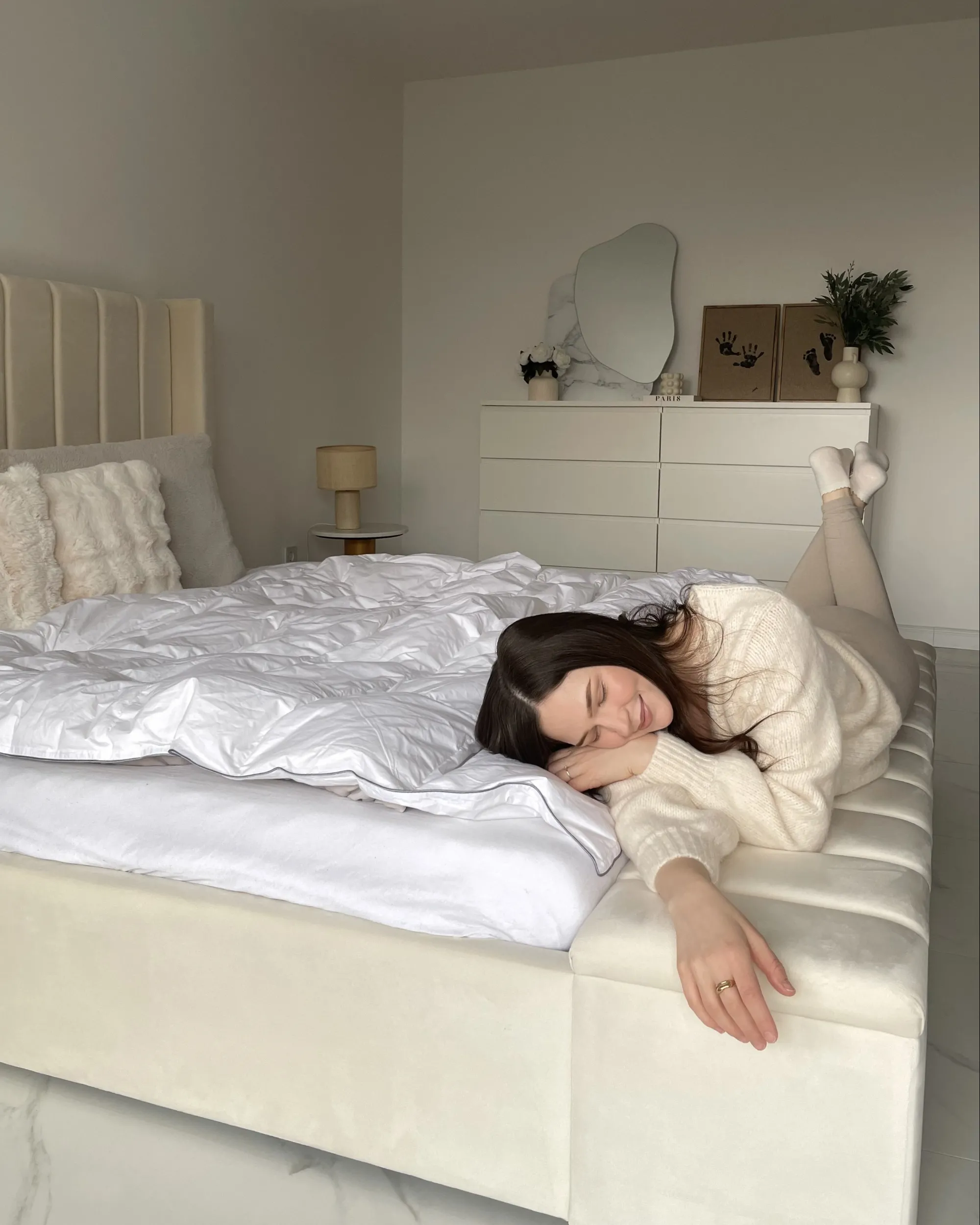 Bed met opbergbankje Fluweel NOYERS 180 x 200 cm Gebroken wit