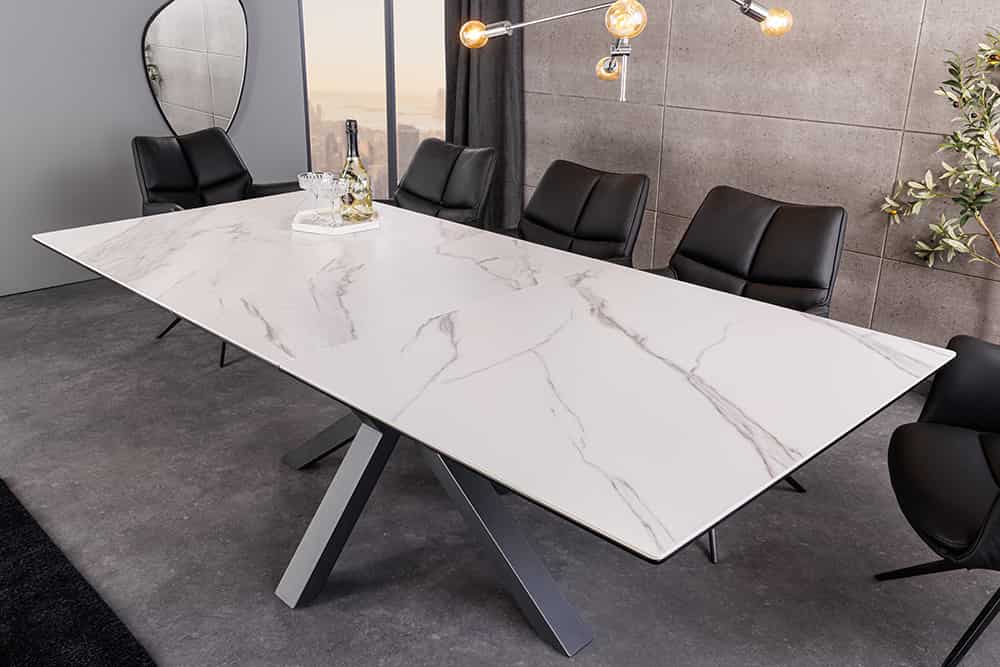 Ausziehbarer Esstisch ETERNITY 160-200cm weiß Keramik schwarz Metall