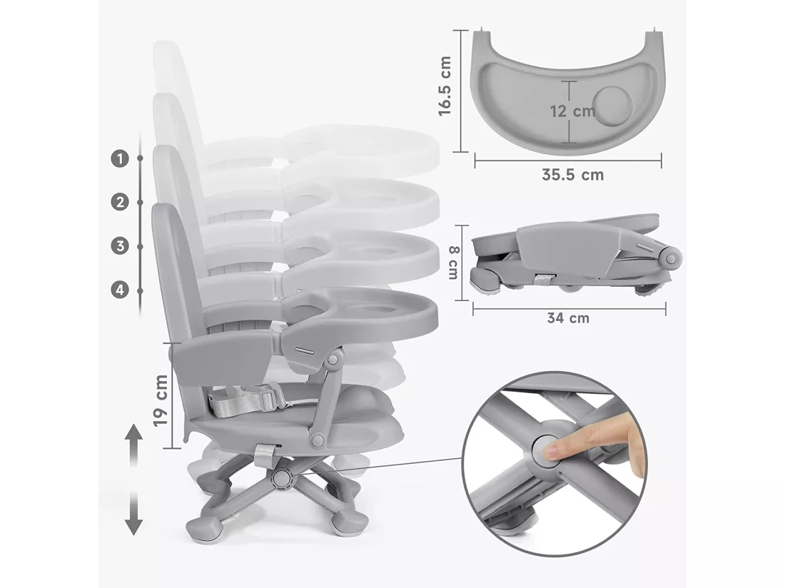 Chaise Enfant Pliable, Chaise Haute Bébé Portable, Rehausseur Siège Bébé, Chaise Repas en Hauteur Réglable, Plateau Amovible, 6 mois à 3 ans, Gris